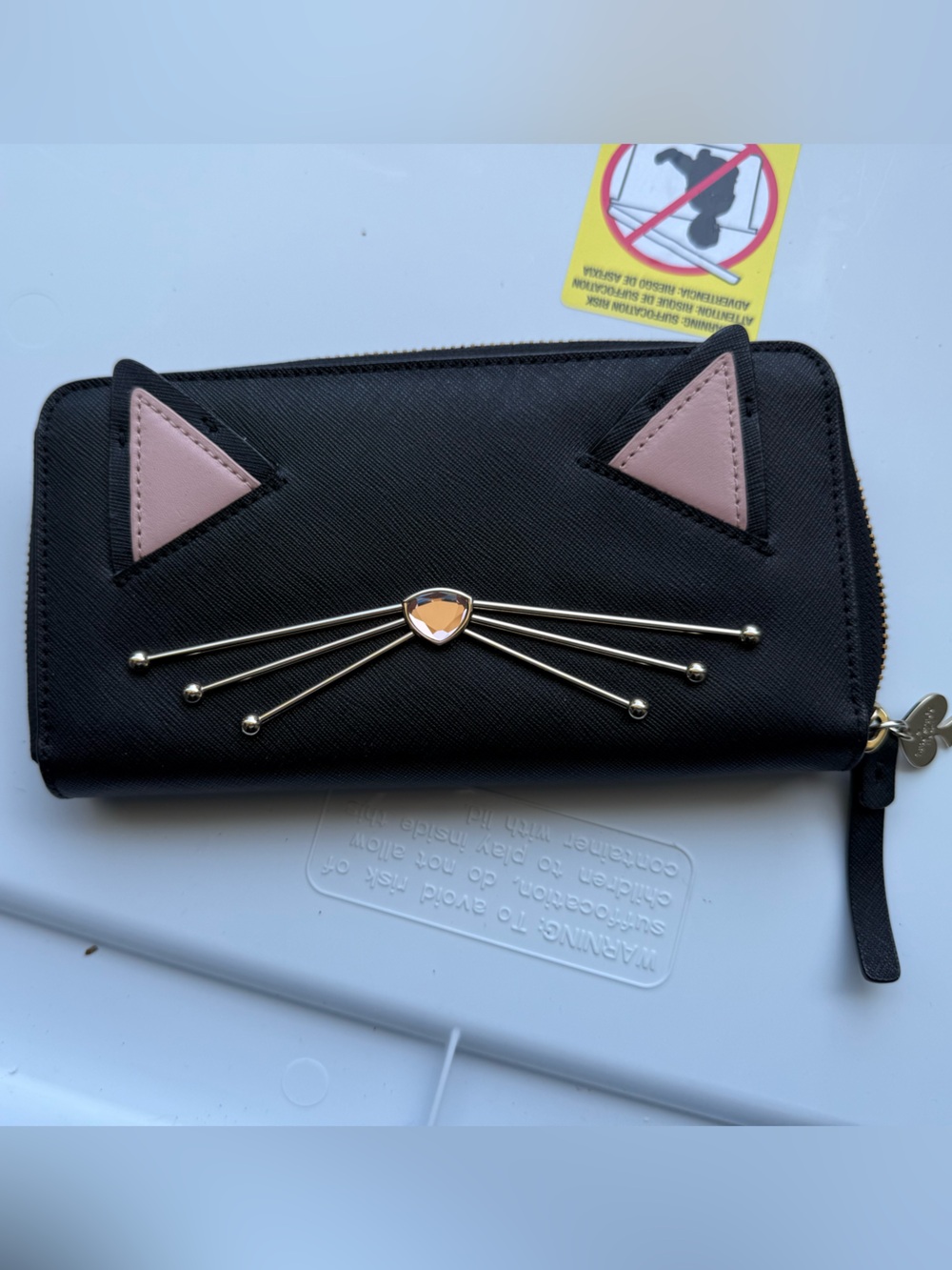 kate spade Black Wallet with Pink Ear Accents and Gold Cat Whisker Detail